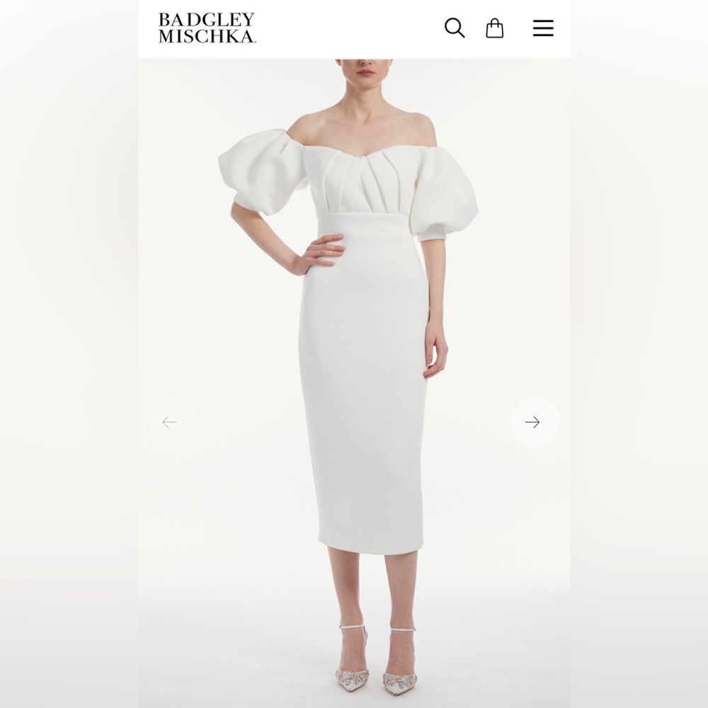 Badgley Mischka Off-the-shoulder pleated ponte midi